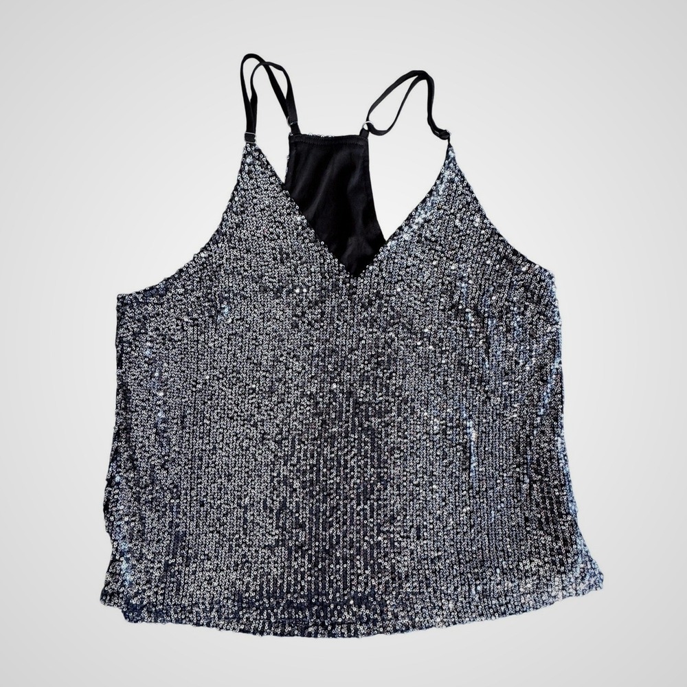 Silver Sequin Cami Tank Top V-Neck Adjustable Straps Racerback Party Blouse